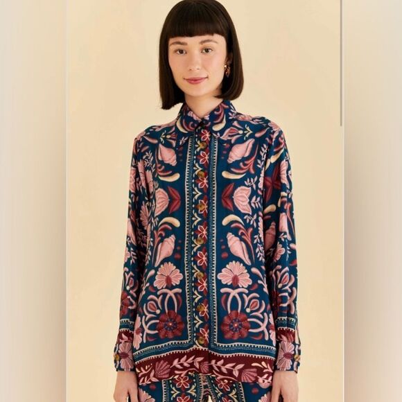 Farm Rio Seashell Tapestry Teal Buttoned Shirt-Blouse Size Medium New With Tags - Picture 2 of 13